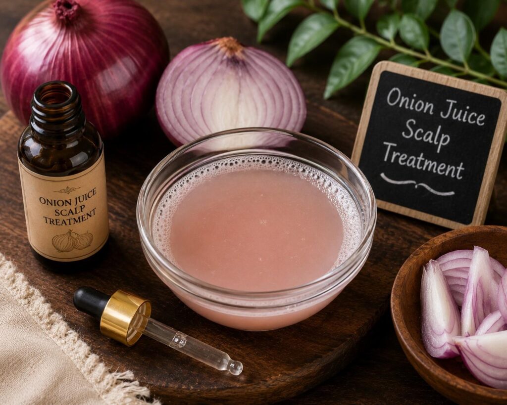 "Homemade onion juice hair treatment for scalp nourishment, hair regrowth, and reducing hair loss naturally."