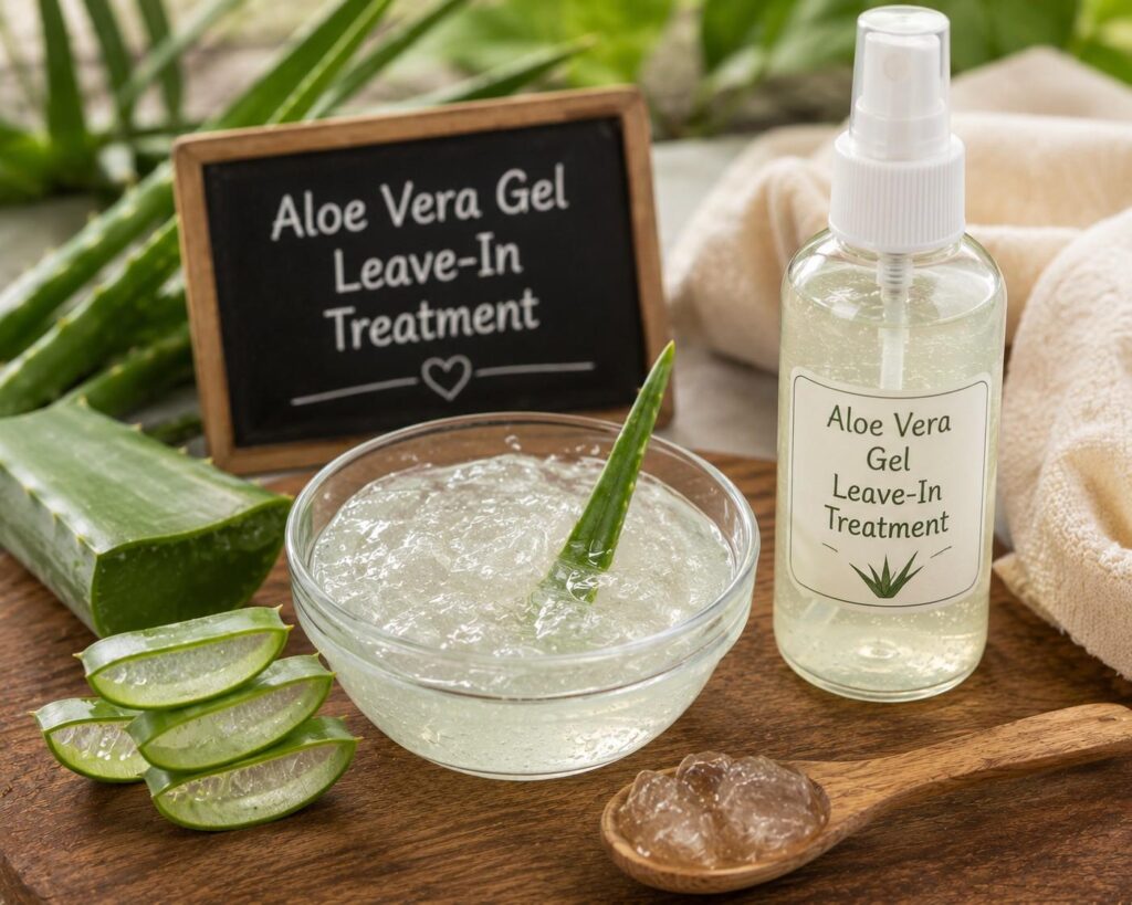 "Homemade aloe vera gel leave-in conditioner for hair hydration, frizz reduction, and natural hair repair."