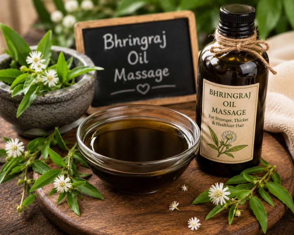 "Ayurvedic bhringraj oil massage treatment for reducing hair fall, strengthening roots, and promoting hair growth naturally."