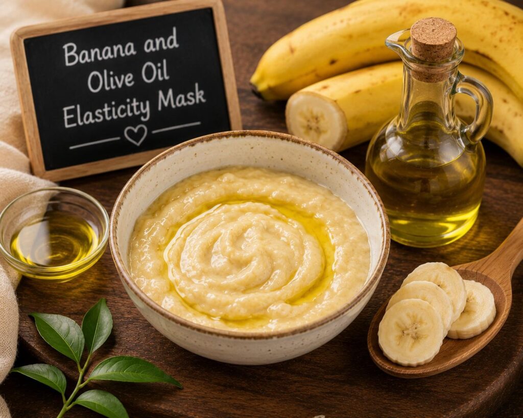 Banana and olive oil hair mask prepared in a bowl, natural elasticity treatment for dry, brittle, and damaged hair."