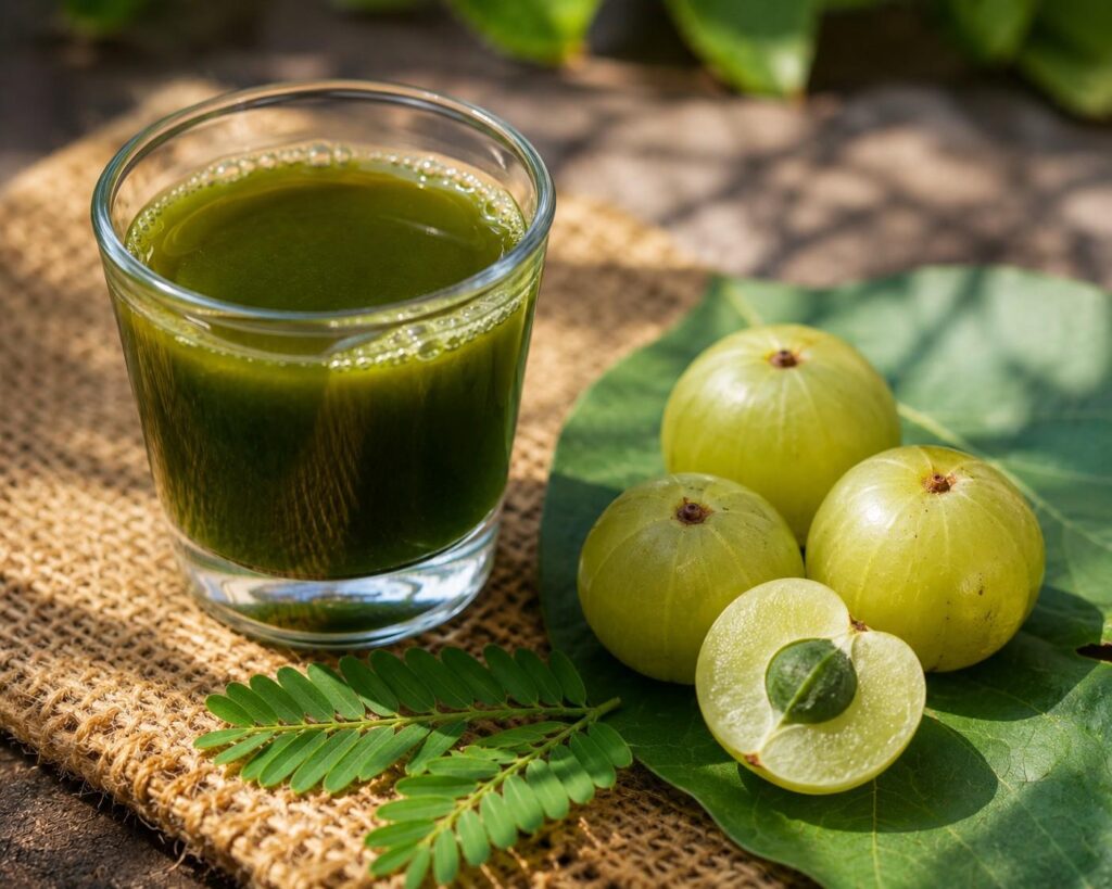Fresh amla juice in a glass with whole Indian gooseberries — a vitamin C-rich morning drink for hair growth