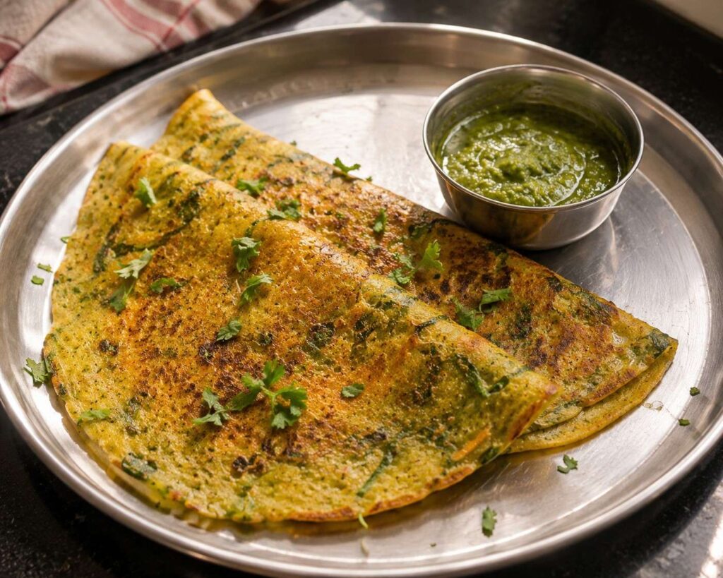Moong dal chilla with spinach and green chutney — a protein-rich Indian breakfast for hair growth