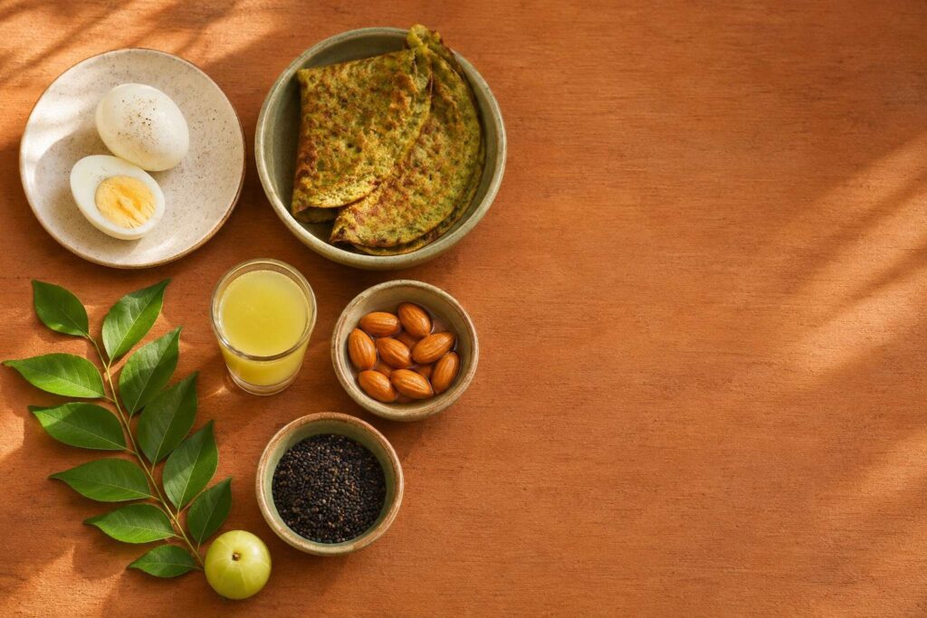 Best breakfast for hair growth — Indian foods including eggs, moong dal chilla, amla juice, and soaked almonds laid out on a wooden surface