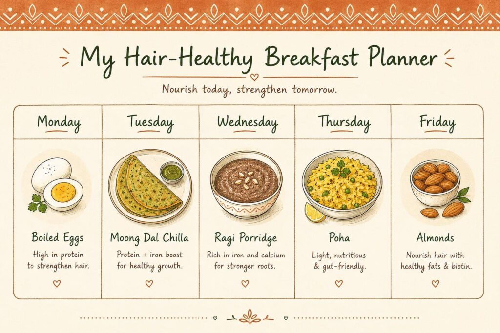 5-day Indian breakfast meal plan for hair growth featuring eggs, moong dal chilla, ragi porridge, poha, and almonds