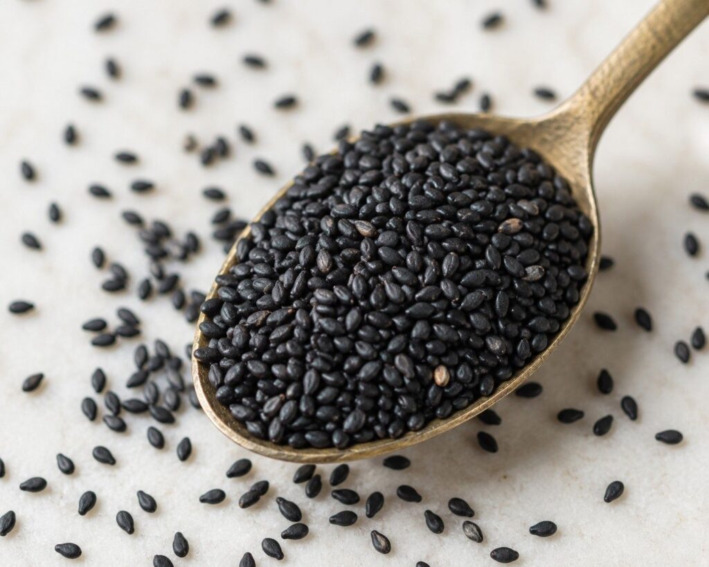 Black sesame seeds (kale til) on a wooden spoon — a copper and zinc-rich food for preventing hair greying and promoting hair growth