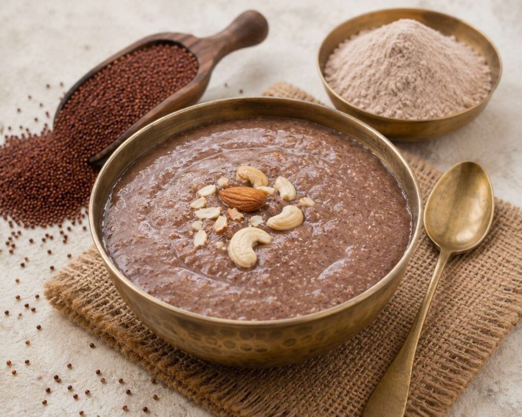 Healthy ragi porridge breakfast made from finger millet, garnished with nuts and served in a traditional brass bowl for hair growth and nutrition.