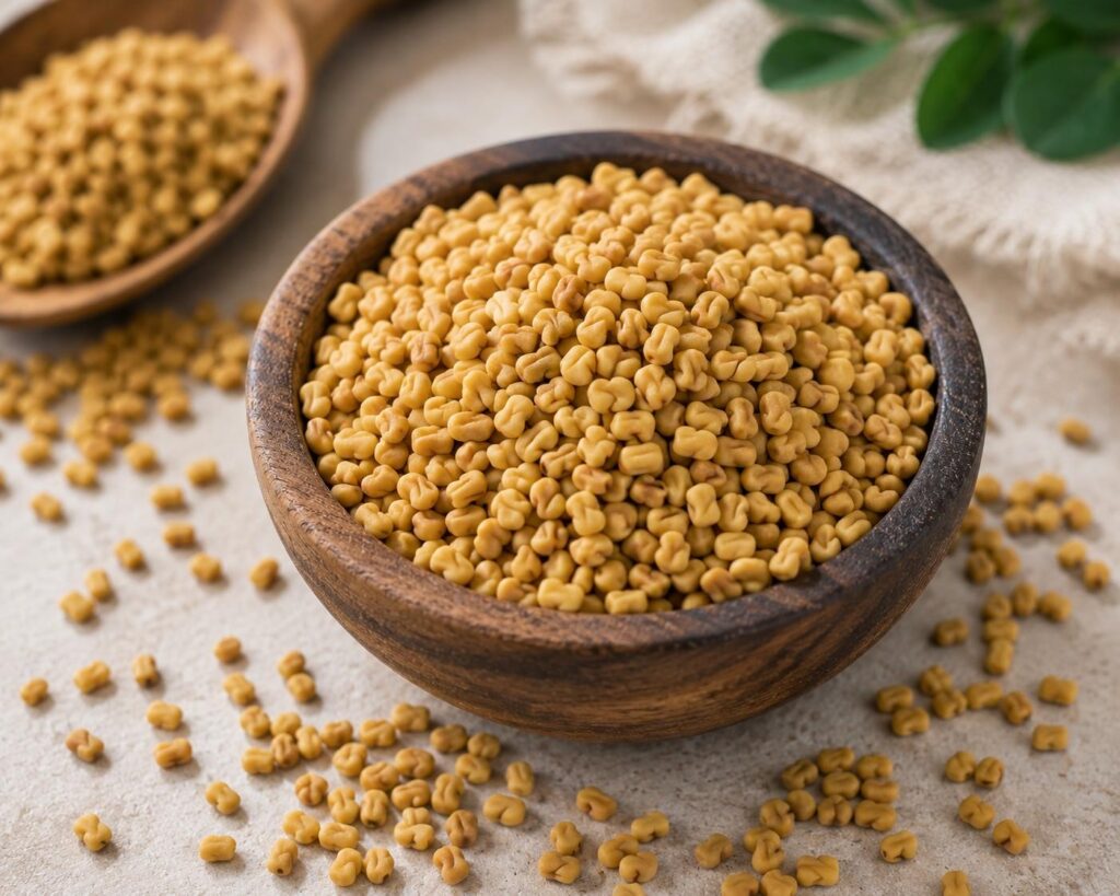 Fenugreek seeds (methi dana) in a wooden bowl, a natural Indian remedy for hair growth, stronger roots, and reduced hair fall.