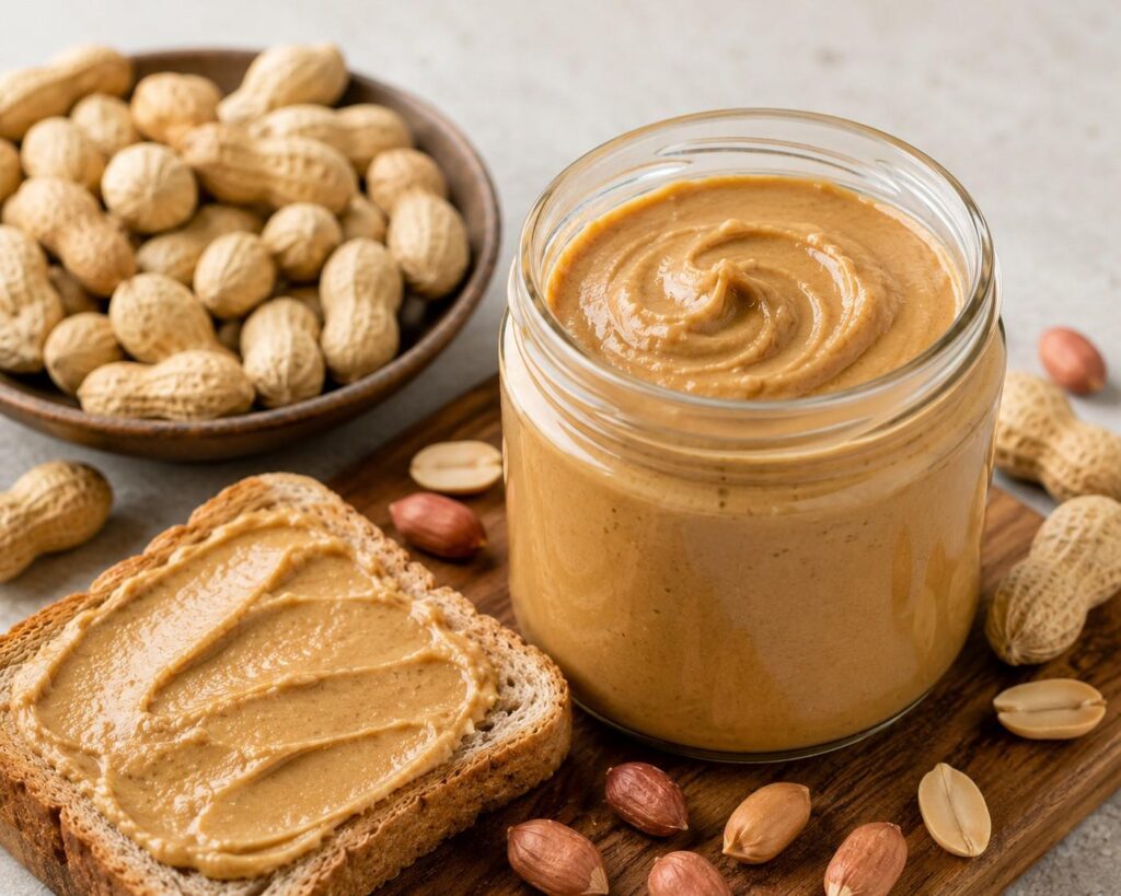 Peanut butter and peanuts served on whole grain toast, a protein-rich breakfast food that supports healthy hair growth and stronger strands.