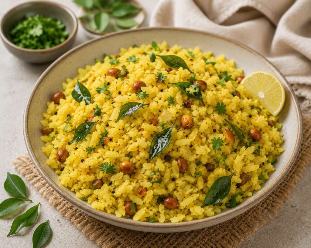 Healthy poha with curry leaves and peanuts, a light Indian breakfast that supports hair growth with iron, protein, and essential nutrients.