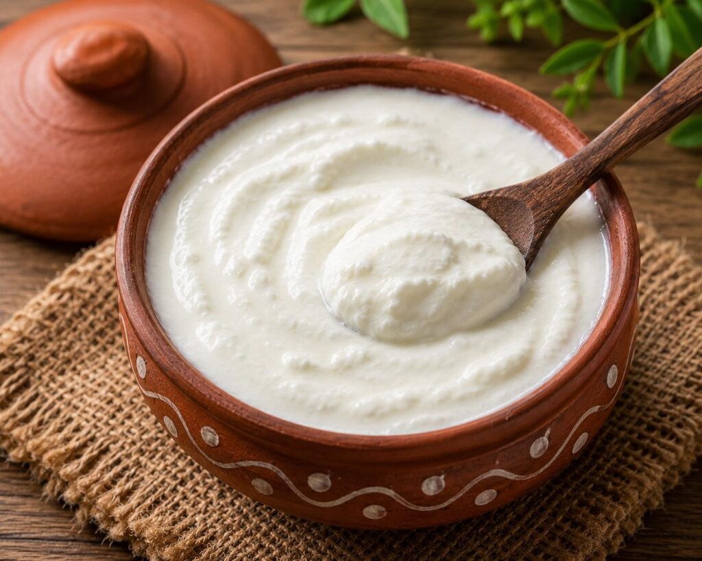 Fresh homemade curd in an earthen pot, a probiotic-rich Indian food that supports gut health, nutrient absorption, and stronger hair.