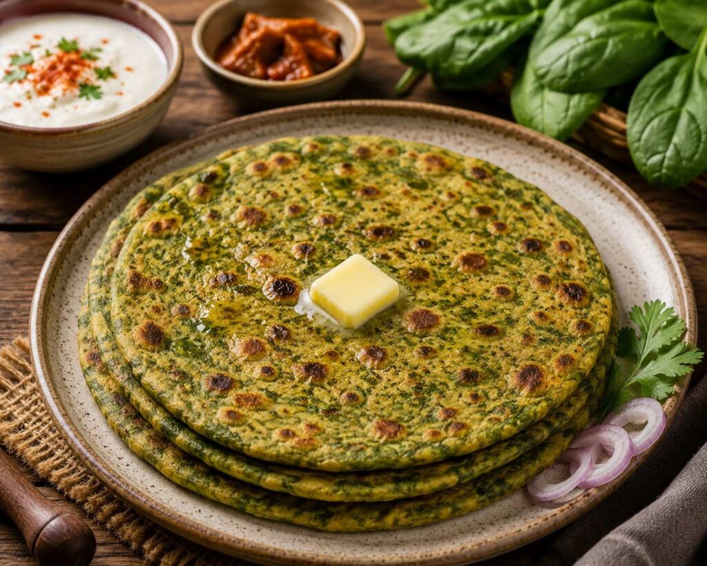 Healthy palak paratha (spinach paratha) with yogurt, an iron-rich Indian breakfast that supports stronger hair and overall nutrition.