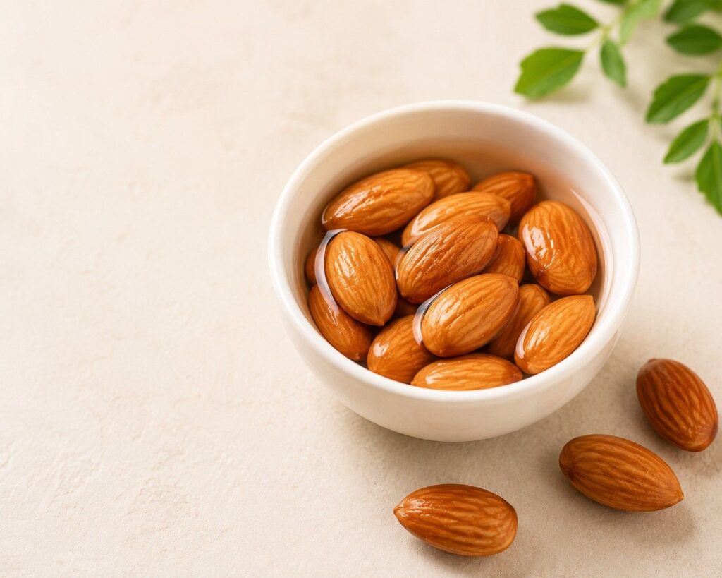 Bowl of soaked almonds on a light background, a nutrient-rich breakfast food that supports healthy hair growth.