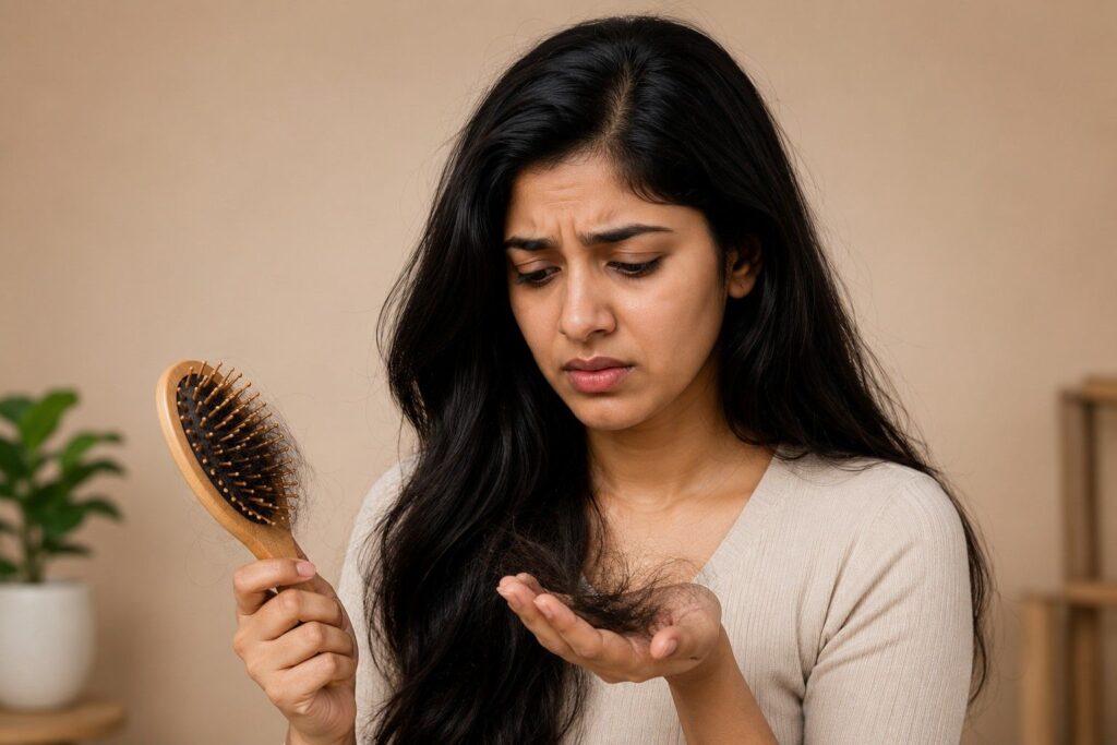 Concerned Indian woman examining hair fall from a hairbrush at home, highlighting common hair loss issues and thinning hair concerns.