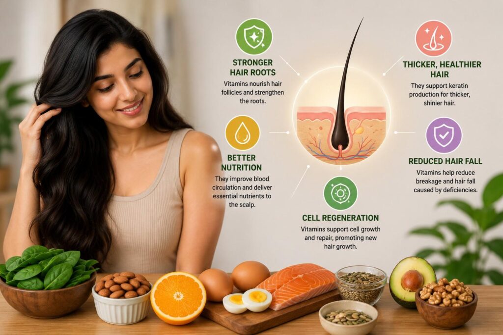 South Asian woman with healthy long hair surrounded by nutrient-rich foods, alongside a hair follicle illustration showing how vitamins support hair growth, stronger roots, and healthier hair.
