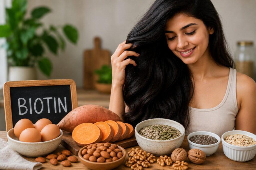 Biotin-rich foods including eggs, almonds, and sweet potatoes displayed beside a woman with healthy long hair, illustrating biotin's role in supporting keratin production and hair growth.