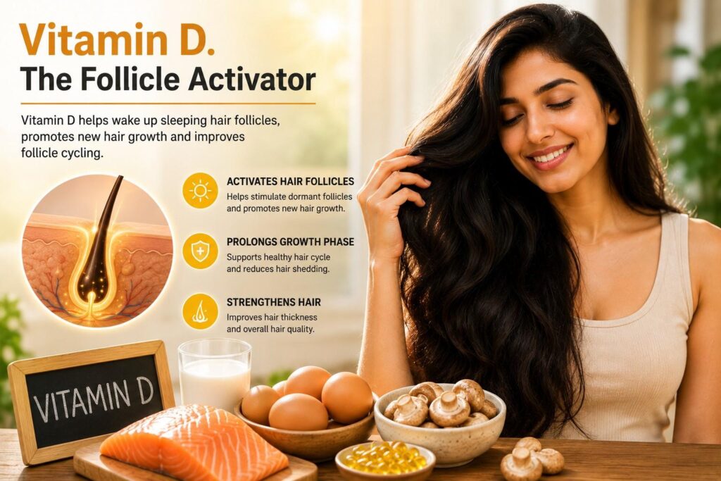 South Asian woman with long healthy hair sitting beside vitamin D-rich foods including salmon, eggs, mushrooms, and milk, representing the role of vitamin D in supporting healthy hair follicles and hair growth.