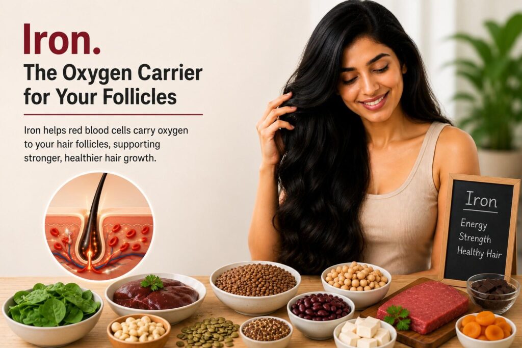 South Asian woman with long healthy hair sitting beside iron-rich foods including spinach, lentils, beans, seeds, and red meat, illustrating iron's role in supporting healthy hair follicles and hair growth.