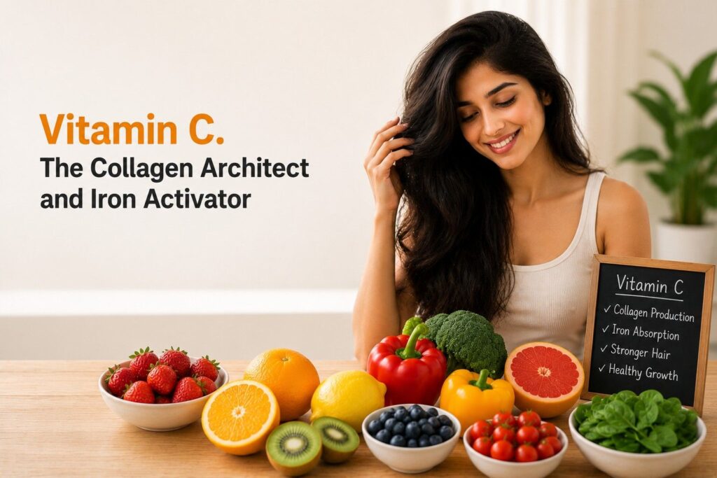 Young woman with long healthy hair sitting beside vitamin C-rich foods including oranges, grapefruit, strawberries, kiwi, broccoli, and bell peppers, highlighting vitamin C's role in collagen production and healthy hair growth.