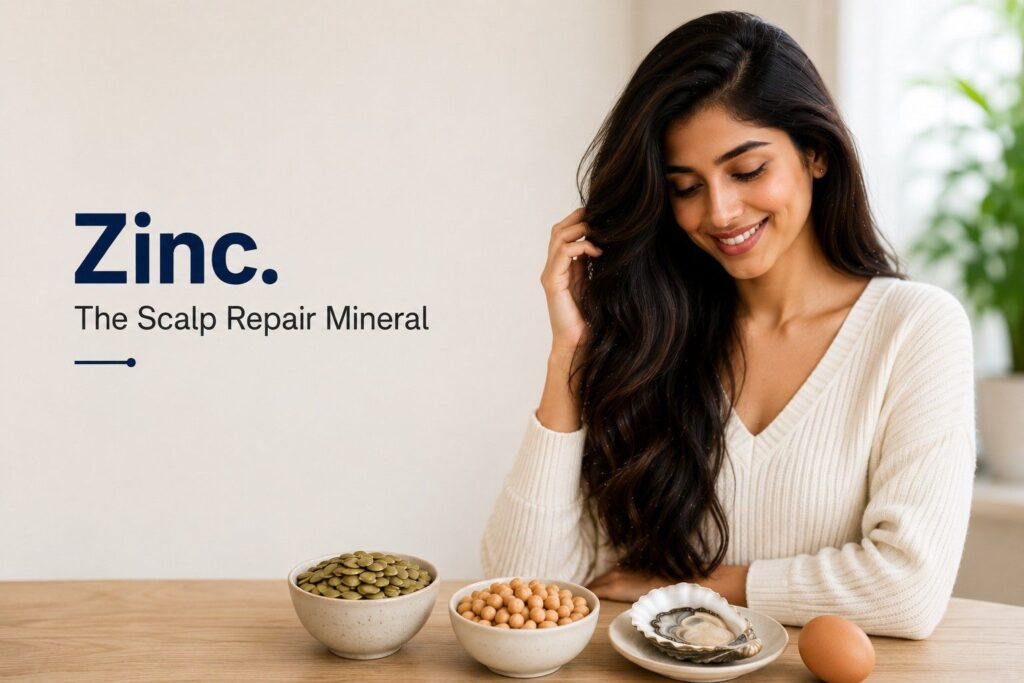Young woman with long healthy hair sitting beside zinc-rich foods including pumpkin seeds, chickpeas, oysters, and eggs, highlighting zinc's role in scalp repair, hair follicle health, and stronger hair growth.