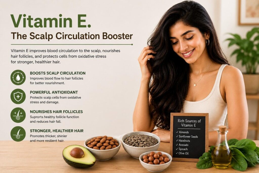 Young woman with long healthy hair sitting beside vitamin E-rich foods including almonds, sunflower seeds, avocado, spinach, and olive oil, highlighting vitamin E's role in supporting scalp circulation, hair follicle health, and stronger hair growth