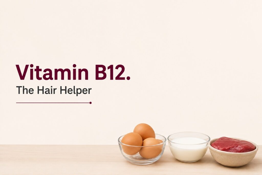 Vitamin B12-rich foods including eggs, milk, and lean meat displayed on a wooden table, illustrating the role of vitamin B12 in supporting healthy hair growth and scalp nourishment.