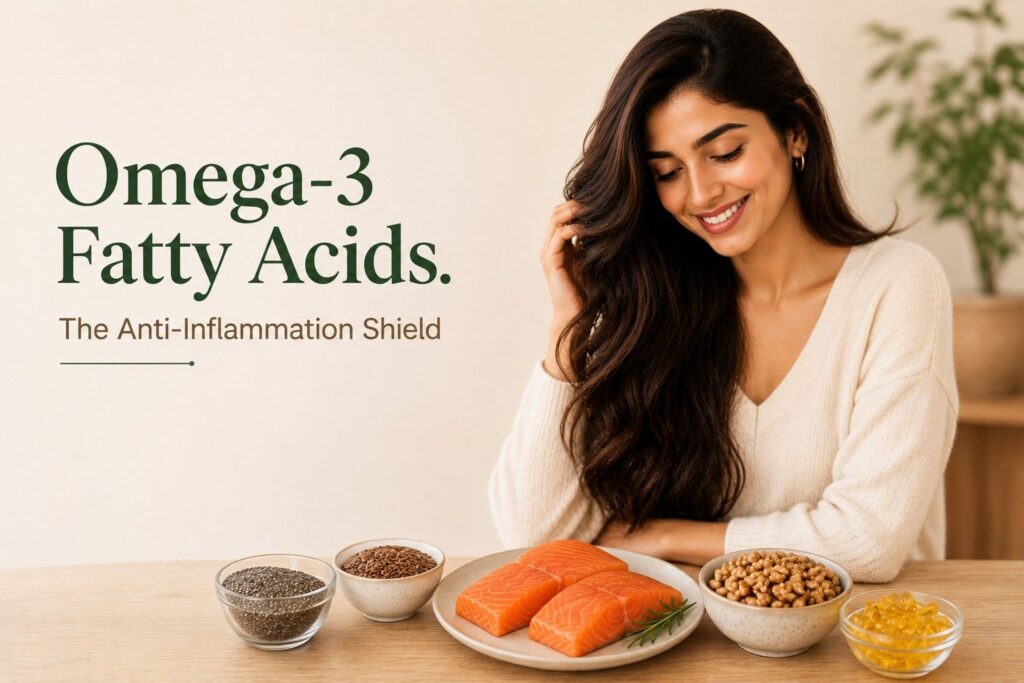 Young woman with healthy long hair sitting beside omega-3-rich foods including salmon, walnuts, chia seeds, flaxseeds, and fish oil capsules, highlighting omega-3 fatty acids' role in supporting scalp health and reducing inflammation.