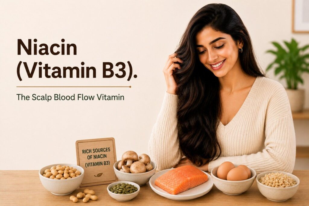 Young woman with long healthy hair sitting beside niacin-rich foods including salmon, peanuts, mushrooms, eggs, and brown rice, highlighting niacin (vitamin B3) and its role in supporting scalp blood circulation and healthy hair growth.