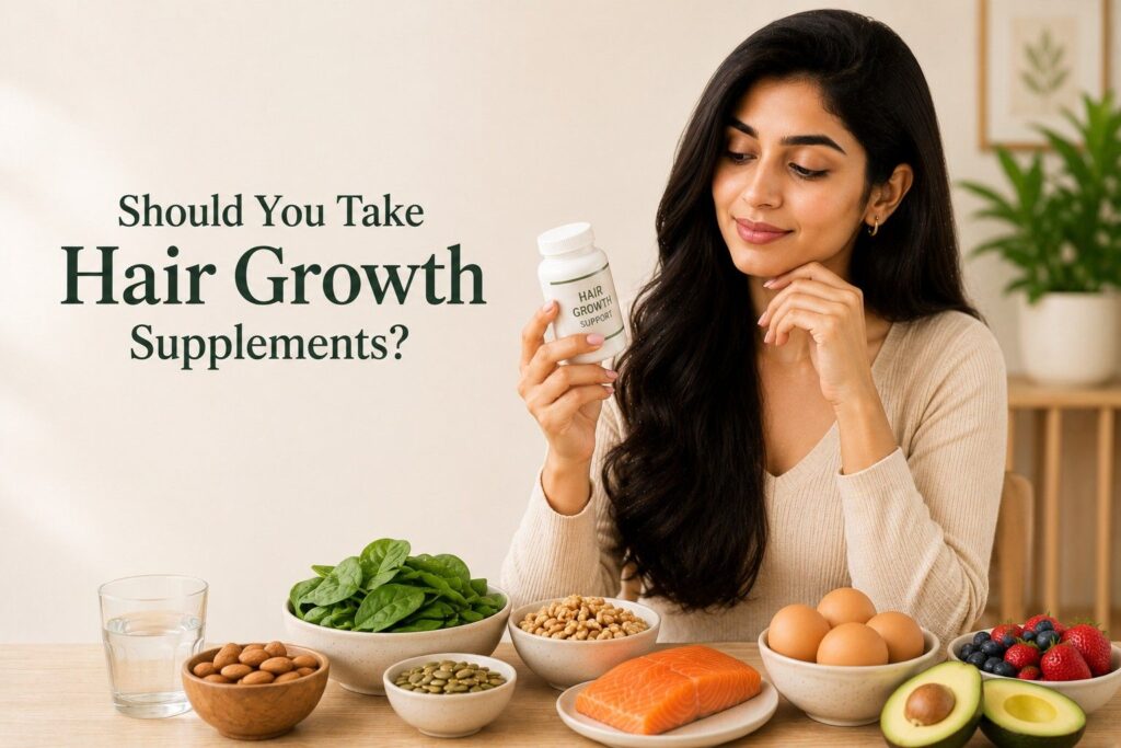 Young woman holding a hair growth supplement bottle while comparing it with nutrient-rich foods, illustrating the decision of whether to take hair growth supplements for healthier hair.