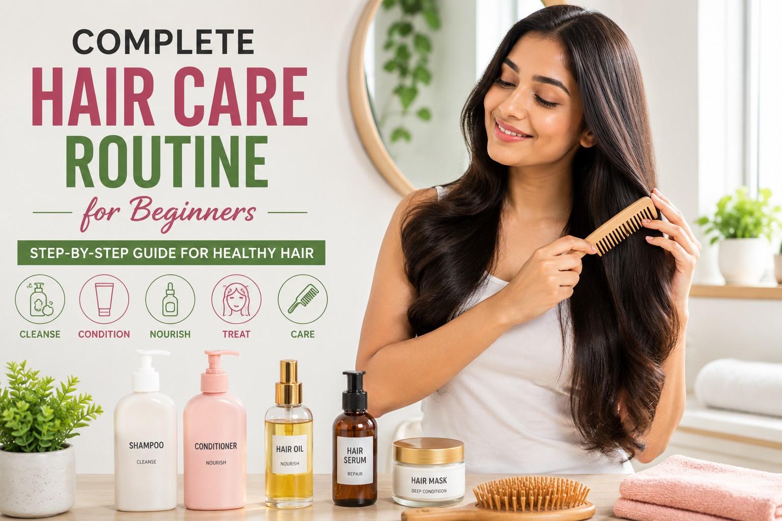 Complete beginner hair care routine with healthy hair products and shiny hair.