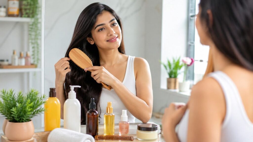 Complete hair care routine for beginners — Indian woman with healthy shiny hair