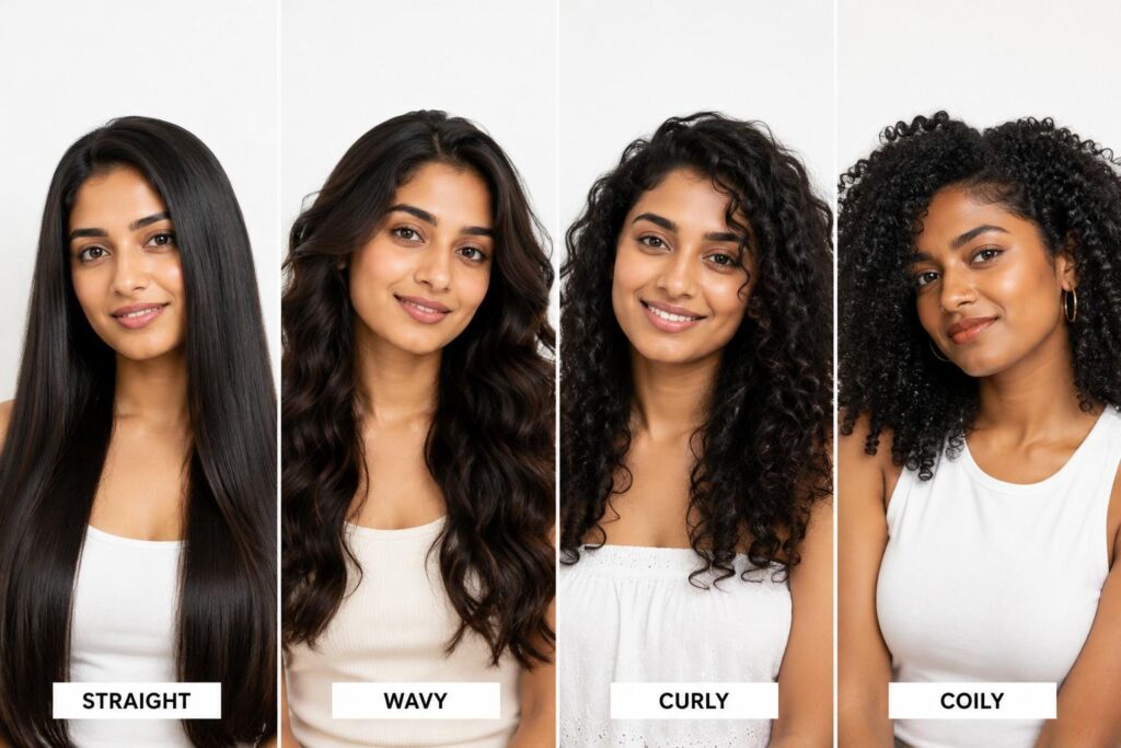 Hair types for Indian women — straight wavy curly coily hair type chart