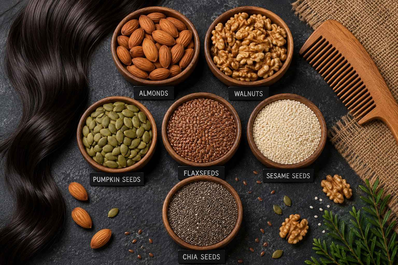 best nuts and seeds for hair growth arranged in wooden bowls