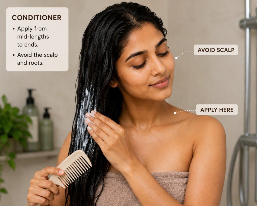 How to condition hair correctly — apply conditioner to hair ends not scalp