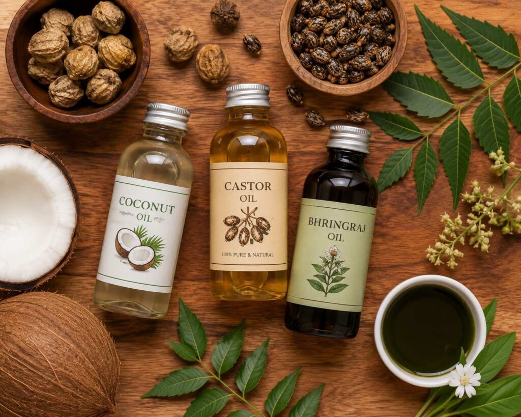  best oils for Indian hair growth — coconut oil castor oil bhringraj oil
