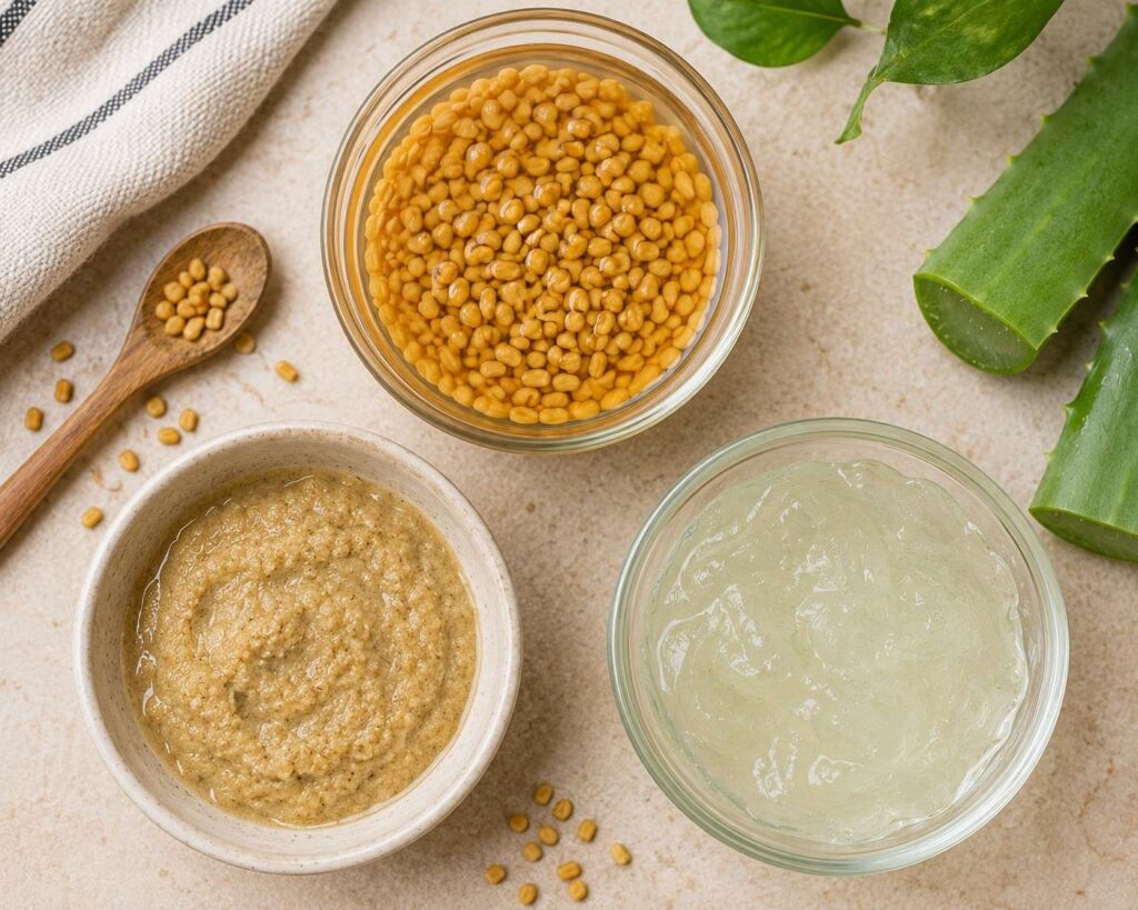 Fenugreek and aloe vera scalp treatment paste for hair strengthening