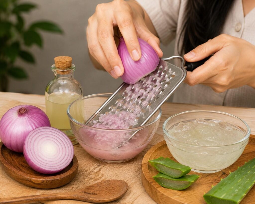 Onion juice and aloe vera scalp treatment for hair fall