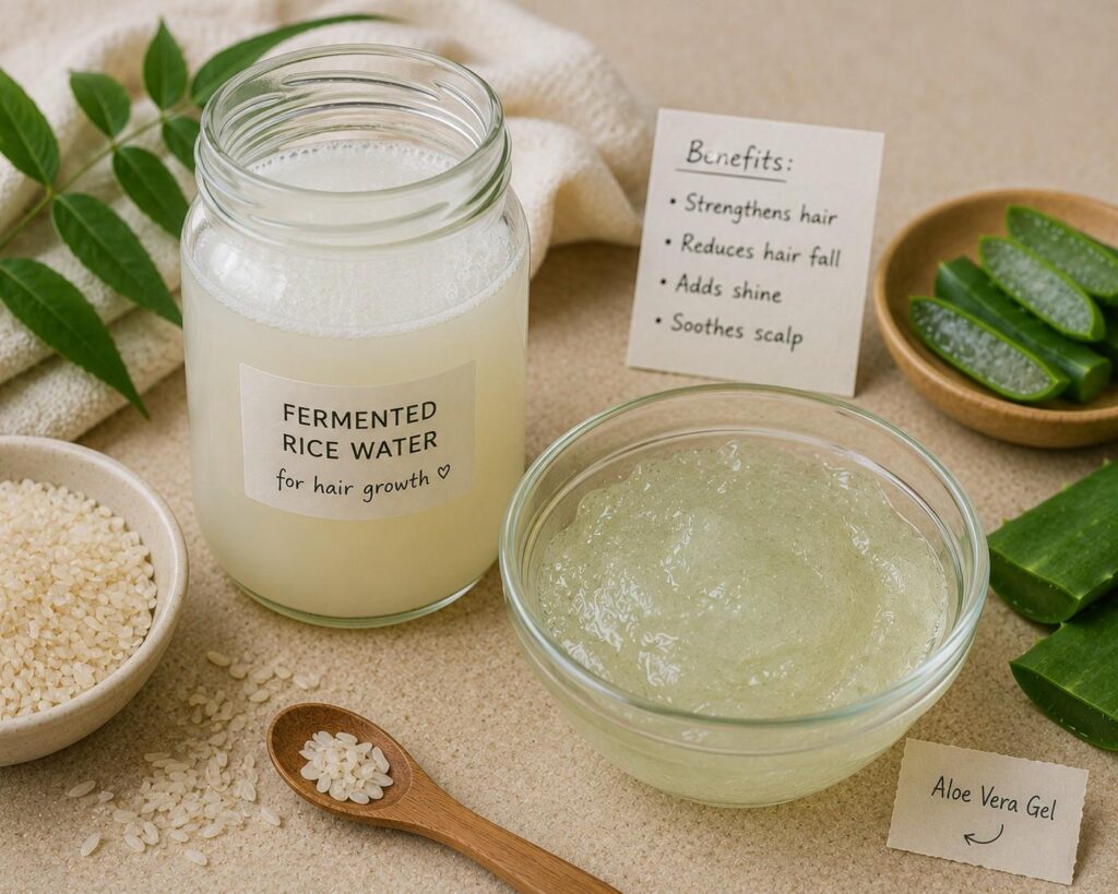 Rice water and aloe vera scalp treatment rinse for hair strength