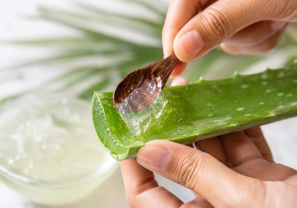Woman applying pure aloe vera gel scalp treatment with fingertips