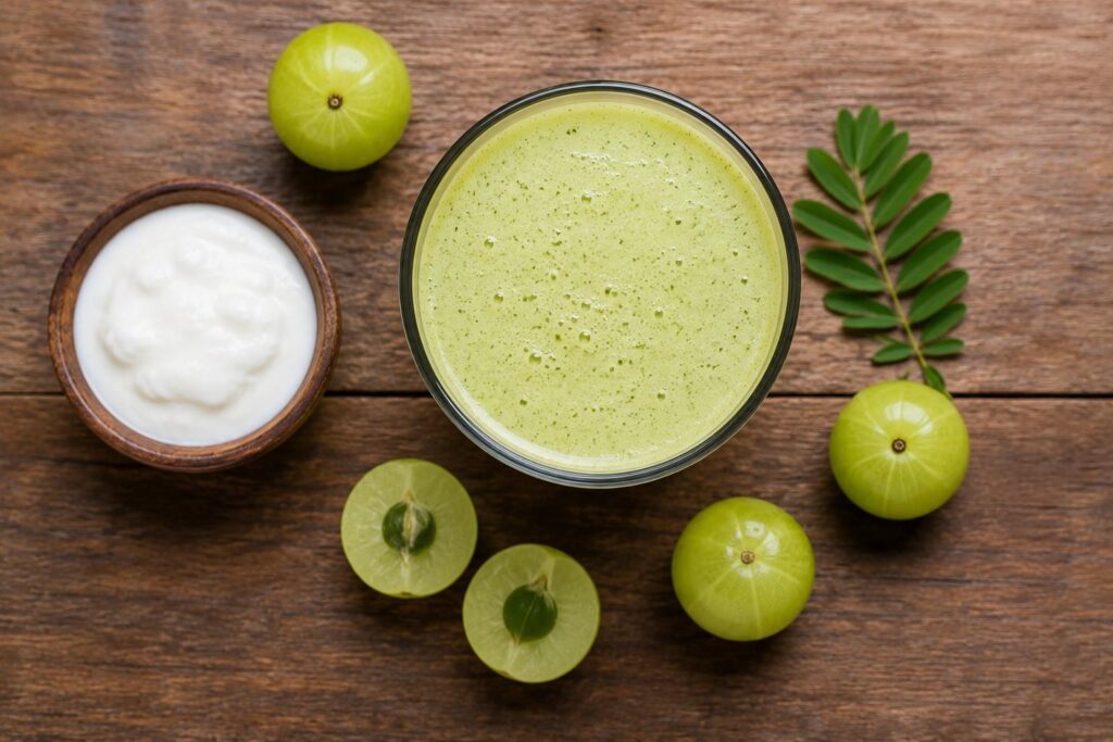 Amla and curd hair growth smoothie recipe in a glass