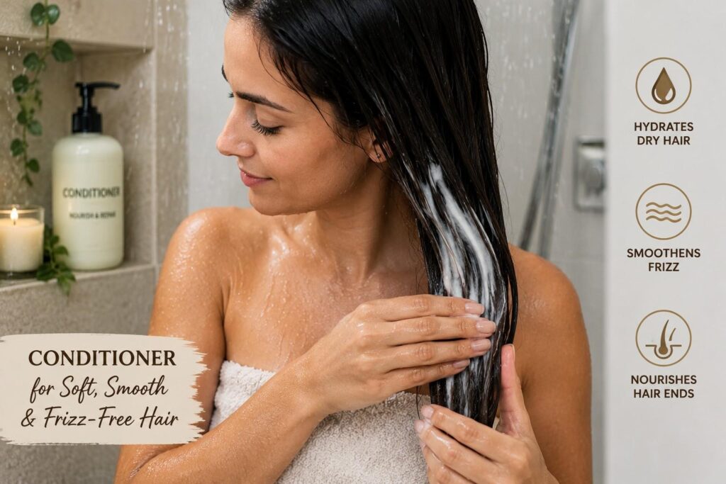  applying conditioner to hair ends for frizz control