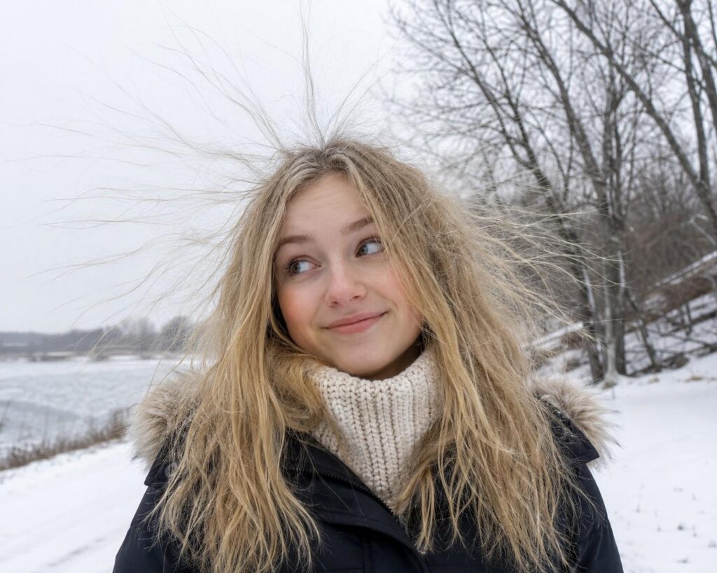 Dry frizzy hair caused by cold winter climate abroad