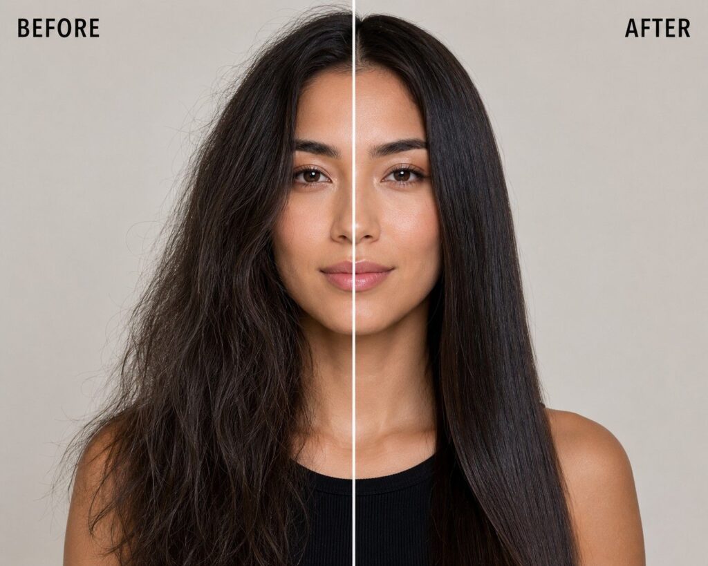 Hair texture change and frizz from hard water and dry air