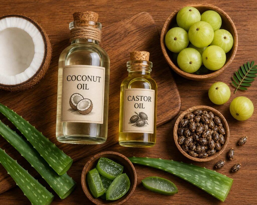 Natural ingredients coconut oil castor oil amla for hair