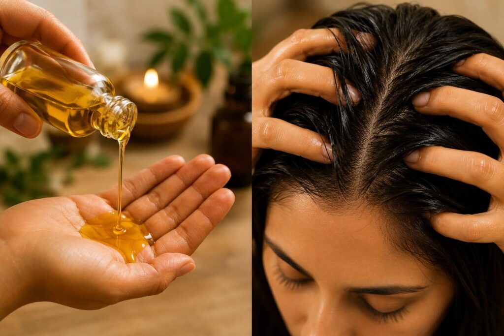 warm oil scalp massage for dry frizzy hair