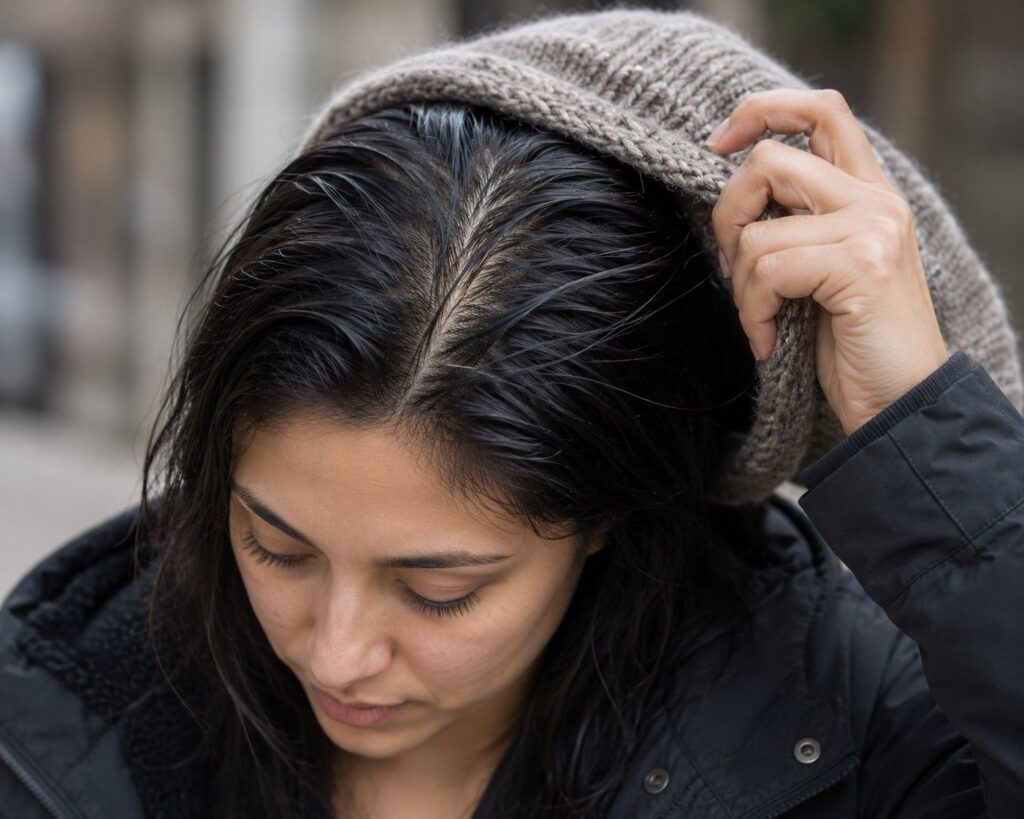 Oily scalp caused by winter caps and indoor heating
