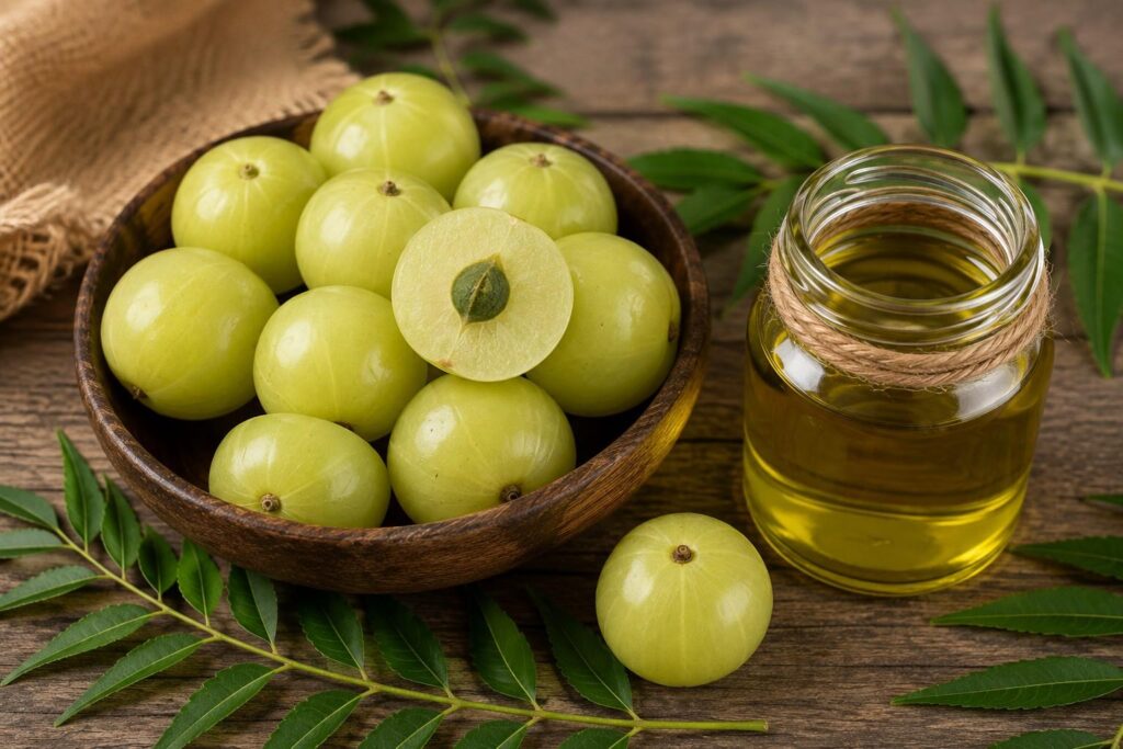 Fresh amla and amla oil for ayurvedic hair care routine