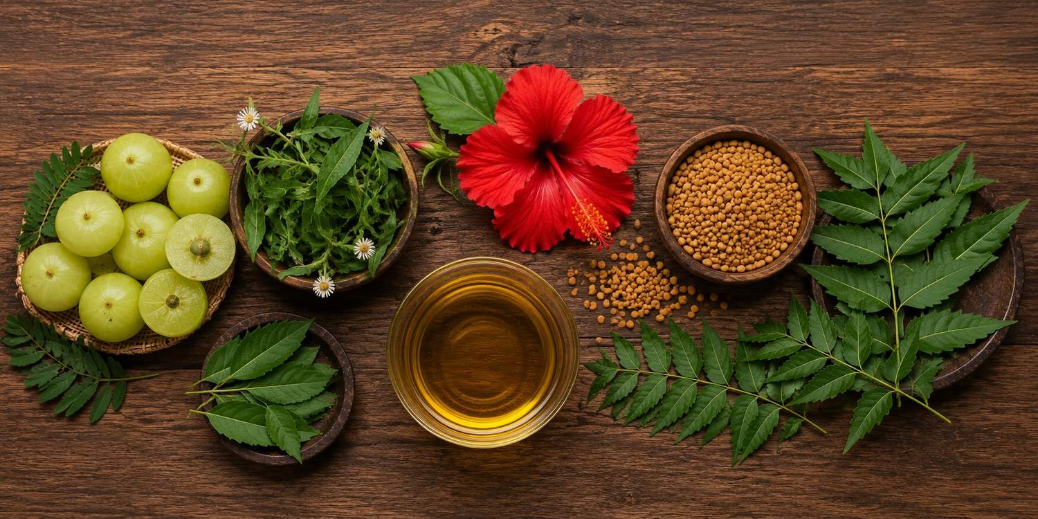Ayurvedic hair care routine ingredients including amla, bhringraj and hibiscus