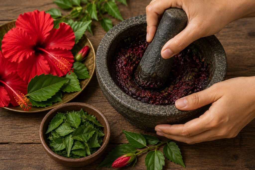 Hibiscus paste for ayurvedic hair care routine hair mask