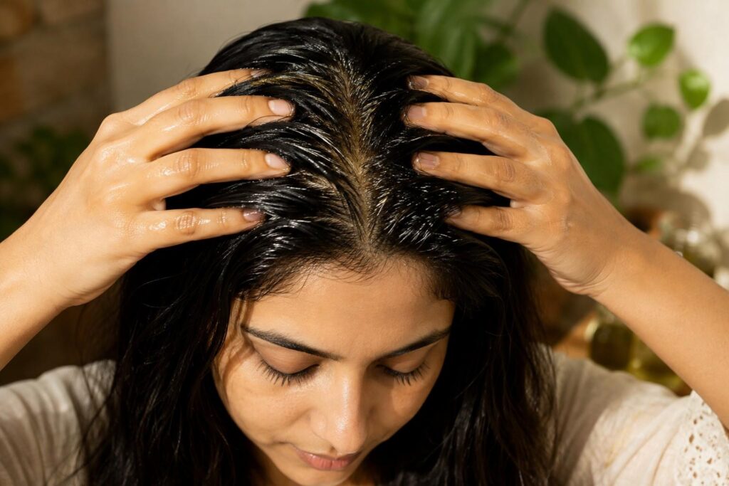 Woman doing warm oil champi massage for ayurvedic hair care routine